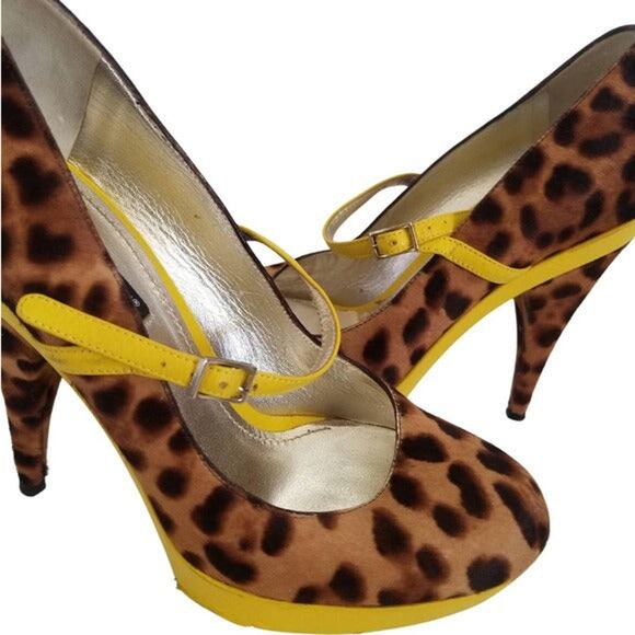 DOLCE & GABBANA Cheetah Platform Heels Yellow Trim Stilettos Size 8.5 - Picture 1 of 10